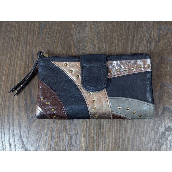 VTG Fossil Leather Wallet Black Gold Patchwork Studded Bi-fold Zip Snap Boho Y2K - Picture 1 of 14